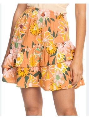 Roxy Cosmic Glow Again Smocked Floral Ruffle Mini Skirt Size Large